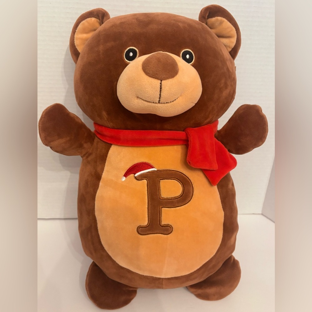 Squishmallows Hug Mees Brown Bear w/red scarf Embroidered J w/Festive Detail